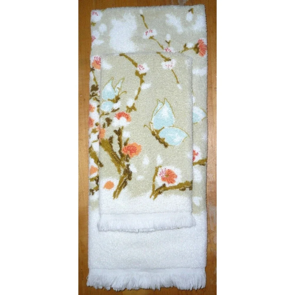 VTG set Leshner Cotton Bath + Head Towel Butterfly Floral Branches Butterflies